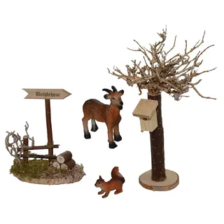 Krippen-Zubehör ALFRED KOLBE "Weihnachtsdeko", beige (natur), Holzwerkstoff, Polyresin, Dekofiguren, Krippen-Zubehör, Bethlehemschild, Baum mit Vogelhaus, inkl. Ziege und Eichhörnchen