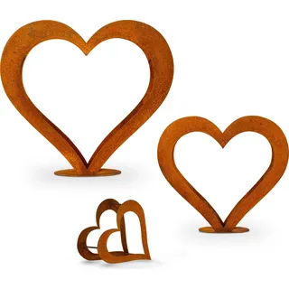 Herz aus Metall, Holz Regal, Rost, Edelrost, Holzregal Garten, Terrasse - Deko - SET M+L + Gratis Herz XS