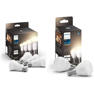 Philips Hue White E27 Viererpack 4x800lm, warmweißes Licht, dimmbar & White E14 Luster Doppelpack 2x470lm, dimmbar, warmweißes Licht, steuerbar via App, kompatibel mit Amazon Alexa (Echo, Echo Dot)
