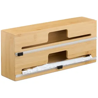 Relaxdays Folienspender , Holz, Kunststoff , Bambus , 33.5x14.5x8 cm , Küchenzubehör, Küchenhelfer