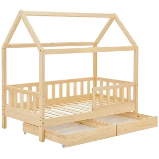 Juskys Kinderbett Marli 90 x 200 cm mit Bettkasten, & Dach - Holz 90x200 Kinder- - Bett in Natur