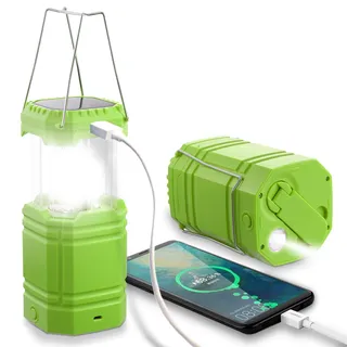 LED Campinglampe Solar, Wasserdicht LED Camping Laterne, Notfallleuchte mit Handkurbel, Eingebaute 3000mAh Akku für Wandern, Angeln, SOS, Ausfälle (Grün)