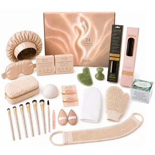 Sun&Sia Beauty Adventskalender Damen 24 Accessoires - Gua Sha Jade, Mütze & Satin-Maske, Haarbürsten, Konjac-Schwämme, Make-up-Pinsel - Französische Marke