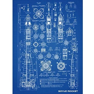 Artery8 Soyuz Rocket USSR Soviet Space Blueprint Plan Unframed Wall Art Print Poster Home Decor Premium Rakete Sovietunion Sowjetisch Platz Blau Wand Zuhause Deko