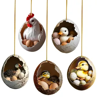 5 Stück Osteranhänger Acryl mit Huhn Ente Motive, 2D Ostereier zum Aufhängen, Osterschmuck für Draußen und Drinnen, Frühling Ostergeschenk für Osternest Deko, Fenster, Tür & Raumdekoration