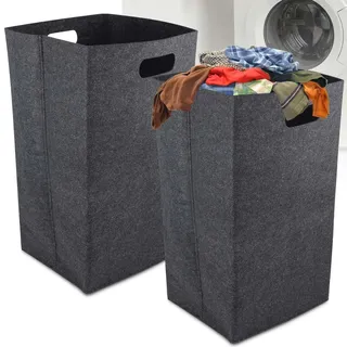2 Stück Wäschekorb, Faltbar Wäschesammler 60L, Laundry Baskets, Schmal, Filz Groß, Wäschesortierer, Schmutzwäschebehälter für Schlafzimmer und Badezimmer, Dunkelgrau