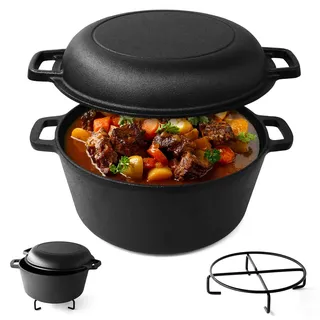 Joejis Dutch Oven 4.7L Pre-Seasoned Cast Iron Pot with 1.75L Multiuse Lid Suitable for Oven & All Herd Types - 2 in 1 Cast Iron Dutch Oven Pot for Bread Making Braising Meat Simmering Stew & More