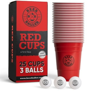 Party Becher Set - 25 Logo Red Cups & 3 Bälle | spülmaschinenfest & wiederverwendbar | 473ml - 16oz Partybecher | rote Party Cups | Original American Party Becher