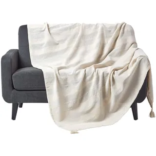 Homescapes Wohndecke Rajput Creme – leichte Baumwolldecke 225x255 cm, Tagesdecke aus 100% Baumwolle, Sofaüberwurf handgewebt mit Streifenstruktur, Couch-Überwurf mit Quasten, Oeko-Tex