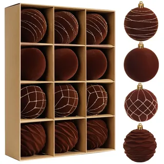 Miaikoe 12pcs Samt Weihnachts Ornamente Kugeln Sets für Weihnachten, Kunststoff zerstörungsdicht Weihnachtsbaum Flocked 8 cm Ornamente Kugeln für Winter Urlaub Dekor (Braun)