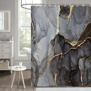 Hnmdmyi Duschvorhang Marmor Optik 180x180, Schwarz und Grau Glitzer Duschvorhänge Gold Riss Abstrakt Modern Luxus Kunst Badewanne Vorhang Wasserdicht Polyester Stoff Waschbar Badevorhang mit Haken