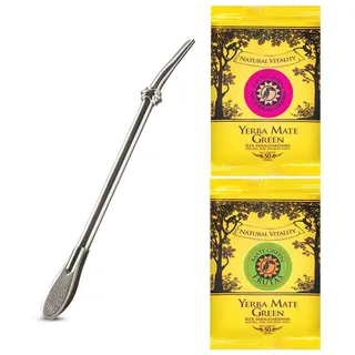 Mate Green Mate Tee Set | Bombilla Silber und Gold, 19 cm (Edelstahl-Strohhalm) + 2 Matesorten: Mas Energia Guarana und Frutas