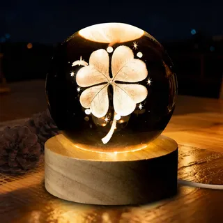 SPERMUOY Glücksbringer,60 mm Kristallkugel Vierblättriges Kleeblatt Glücksbringer Prüfung LED Glas Kugel mit Holzsockel Dankeschön Geschenke für Frauen Freundin Weihnachten Hochzeit Valentinstag