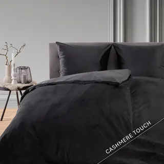 Blumtal Bettwäsche 135x200 cm Cashmere-Touch Plüsch 2er Set - Oeko-TEX zertifizierte Bettwäsche warm 135x200 2X + Kissenbezug 80x80 2X - Plüsch Bettwäsche 135x200 4teilig - Bettwäsche Teddy Schwarz