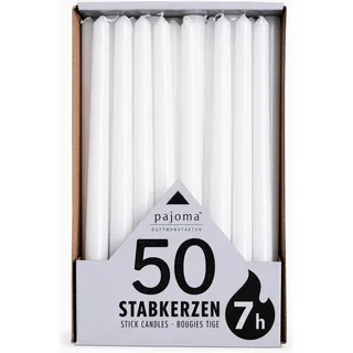 pajoma Stabkerzen Weiß 25 cm Höhe - 50 Stück - Weiße Kerzen Lang Brenndauer ca. 7 Stunden - Duftfreie und Gleichmäßig Brennende Kerzen - Vielseitig Einsetzbar für Deko & Feste - Dinner Candles