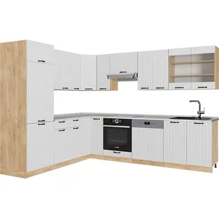 Vicco Eckküche Fame-Line, 227 x 60 cm , AP Marmor, Weiß Landhaus/Goldkraft Eiche