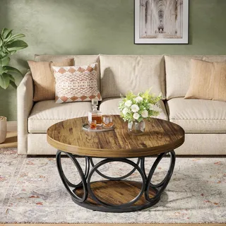 Runder Couchtisch 80 cm - Runder Wohnzimmertisch Holz - 2 Ablageebenen - Landhaus Antik Design - Kaffeetisch mit Stauraum - Braun - Braun