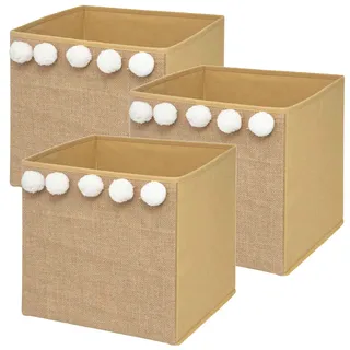 3er-Set Aufbewahrungsboxen für Kinder mit Pomons in Jute – 29 x 29 x 29 cm