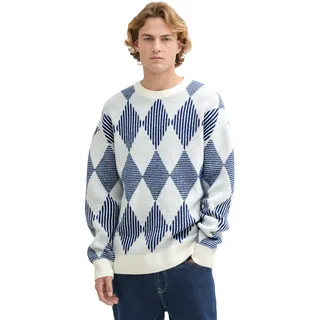 Rundhalspullover TOM TAILOR DENIM, Herren, Gr. S, blau (blau striped check), Strick, Obermaterial: 77% Polyester, 18% Polyacryl, 5% Elasthan, Intarsienmuster, regular fit taillenbedeckt, Rundhals, Rippbündchen, Pullover Rundhalspullover, mit Argyle Muster