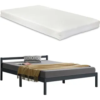 [en.casa] Holzbett Nakkila mit Matratze - Dunkelgrau , Holz , Kiefer , 140x200 cm , Schlafzimmer, Betten