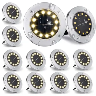 Nurkoo [12 Stücke] Solar Bodenleuchte Aussen, 12 LEDs Solarleuchten 800mAh Disk Lights Mit Upgrade Solarpanel Gartenleuchte Solarlampe Solar Strahler Deko für Rasen,Gehweg,Pool,Terrassen(WarmWeiß)
