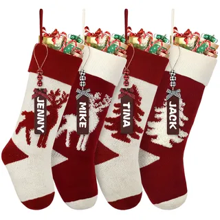 Dremisland 4er Set Weihnachtsstrumpf Personalisiert Nikolausstrumpf 46cm Große Gestrickte Rentier Weihnachtsstrumpf mit Namensschildern Christmas Stockings für Feiertags Familienparty Weihnachts Dekor