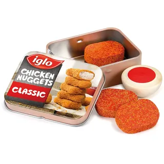 Erzi 15160 Chicken Nuggets von Iglo aus Holz in der Dose, Kaufladenartikel für Kinder, Rollenspiele