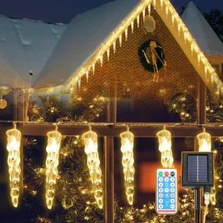 Peviasot 10M LED Solar Eiszapfen Lichterkette Außen Innen 80LEDs Warmweiß 8 Modi IP44 Party Garten Lichtervorhang Weihnachten Eisregen Beleuchtung Deko - Weiß
