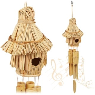 Relaxdays Windspiel 2er Set, aus Bambus u. Stroh, für innen u. außen, Deko mit Vogelhaus, HxBxT: 37,5x17,5x16 cm, Natur