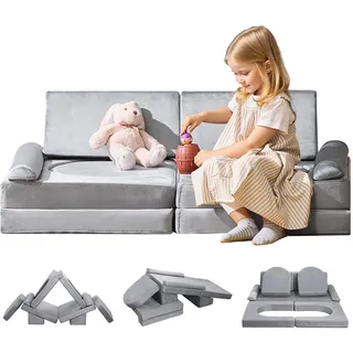 Vevor Spielsofa Kindersoda modular (10-TLG.) umwandelbare Kindercouch zum Selbermachen, Spielcouch für Schlafzimmer Wohnzimmer, Kindersessel au 28D-Schwamm & Kurzflor, graue Kinderspielcouch