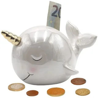 Dekohelden24 Keramik Spardose als Wal Perleffekt, Weiß, Einhorn-Wal - Spar-Wal - Walsparbüchse - Saving-Box, L/B/H: ca. 17 x 13 x 11 cm