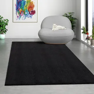 Mia's Teppiche Comfort Moderner Flauschiger Kurzflor Teppich, Anti-Rutsch Unterseite, Waschbar bis 30 Grad, Super Soft, Felloptik, Schwarz, 120 x 160 cm