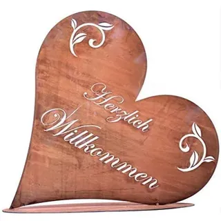 Rostikal Herzlich Willkommen Schild 32 x 30 cm Gartendeko Vintage Herz Tischdeko - Braun
