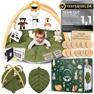 MEERWALD KINDER® Premium Spielbogen Baby XXL waschbar mit 6 Montessori Sensorikspielzeugen, Meilensteinkarten, Spieldecke, Spielebogen, Baby Play Mat, Play Mat for Babies, Krabbeldecke mit Spielbogen