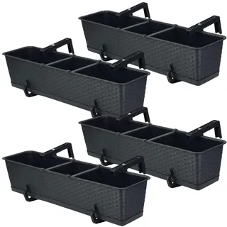 DIKEL Blumenkasten Balkon Set 4 X 69 cm x 17 cm | Pflanzkasten wetterfest mit Untersetzer und Halterung | Balkonkasten in Rattanoptik für die stilvolle Bepflanzung von Terrasse und Balkon | Anthrazit