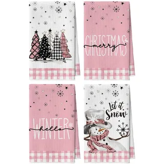 Artoid Mode Rosa Weiß Büffelkaro Schneemann Bäume Bar Weihnachten Küchentücher Geschirrtücher, 42x65 cm Mikrofaser Saugfähig Küchen Deko 4er Set