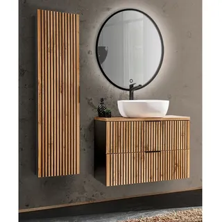 Badmöbel Set Waschtisch Unterschrank 80 cm, Hochschrank, LED Spiegel rund XANTEN-56 in anthrazit mit Eiche Nb. schwarz gerillt, B/H/T: ca. 130/200/46,5 cm - Braun