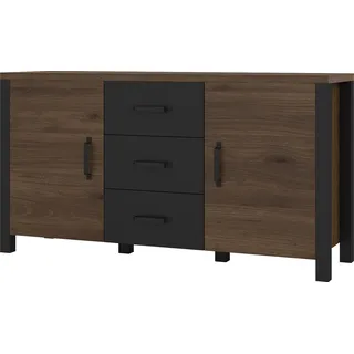 Furniture24 Sideboard OLIN 26 Kommode 146 cm breit mit 2 Türen 3 Schubladen Nußbaum Okapi/Schwarz matt, 147x79x43
