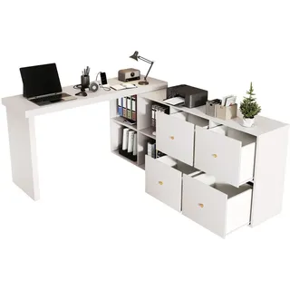 Gisaae Eckschreibtisch 360° schwenkbar mit Sideboard und 4 Schubladen , Weiß , Holzwerkstoff , 120x78x48 cm , Büromöbel, Schreibtische, Eckschreibtische