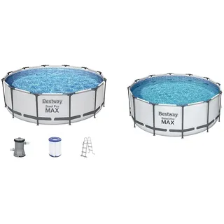 Bestway Steel Pro MAX Frame Pool-Set mit Filterpumpe Ø 366 x 100 cm, lichtgrau, rund & FlowclearTM Solarabdeckplane, Ø 356 cm, für runde 366 cm und 396 cm Aufstellpools, blau