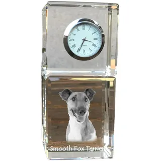 Fox Terrier Glatthaar, Foxterrier - Kristalluhr mit Foto, Hundebild im Kristall, personalisierte Schreibtischuhr von Art-Dog.