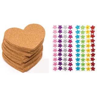 Baker Ross Großpackung Kork-Untersetzer „Herz“ (30 Stück) & Moosgummi-Aufkleber „Blumen mit Schmucksteinen“ (80 Stück) – für Kinder zum Basteln und Gestalten im Frühling