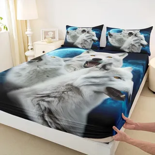 Weißer Wolf, 3D-Druck, Spannbettlaken, Doppelbettgröße, Nachtmond-Bettwäsche-Set, 2-teilig, für Kinder, Jugendzimmer, Wildtiere, Bettbezug, weich, atmungsaktiv, Bettwäsche-Set mit 1 Kissenbezug