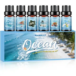 Hanolly Ozean Ätherische Öle Set, 6 x 10ml Duftöle für Diffuser, Kerzen - Meer & Blauer Himmel, Mediterraner Wind, Italienische Myrte, Entspannte Küste, Sonnenschein & Früchte, Frischer Strand