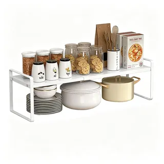 DongMaple Erweiterbares Schrankregal,36-60cm Küchenregal Arbeitsplatte Organizer, Gewürzregal Küchen Organizer Schrank,Verstellbarer Küchengewürzregal für Küche (Weiß,Breite 21cm)