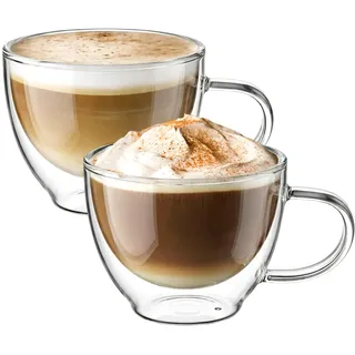 ecooe Doppelwandige Cappuccino Tassen Glaser Latte Macchiato Glaser Borosilikatglas Kaffeetassen Glas 2er Set 350ml Kaffeeglas Teegläser mit Henkel für Cappuccino,Tee,EIS,Milch,Bier