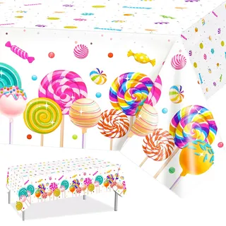 PHOGARY Süßes Candyland Tischdecke, 3er Pack Bonbon-Themen Plastik Tischdecken, Zwei Süße Geburtstags Tischdecken Bunte Lutscher Tischdecken für Mädchenparty, Candy Land Weihnachtsdekoration