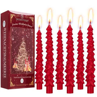 Deco Express Kerzen Set Weihnachten Deko 3er oder 6er Pack Wachs Deko Kerzen im Weihnachtsbaum Motiv 7h Brenndauer Ideal Zum Verschenken (Rot, 6 Stück)