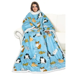 Catalonia Classy Flauschig Kuscheldecke mit Ärmeln Warm Weihnachten Geschenk für Frauen Herren, Flauschige Sherpa Tragbare Decke mit Ärmeln, Wohndecke zum Anziehen Erwachsene, 185 x 140 cm Katze Blau