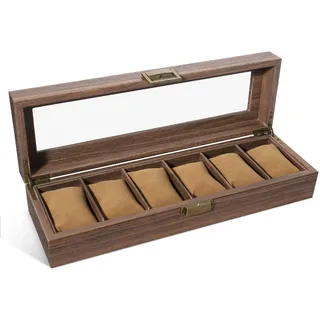 Uten Uhrenbox für 6 Uhren, Uhrenkasten mit großer Fächern und klarem Deckel, Uhrenschatulle Uhrenaufbewahrungsbox aus PU Leder, Geschenkidee Herren Damen